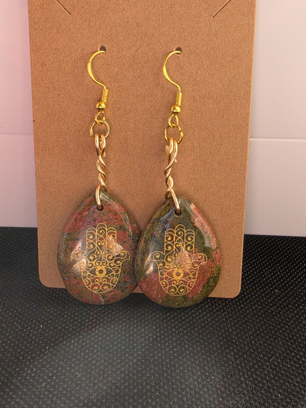 Handmade Gold Hamsa Teardrop Unikate Stone Earrings